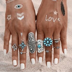 Turquoise and Silver Bohemian Ring Set